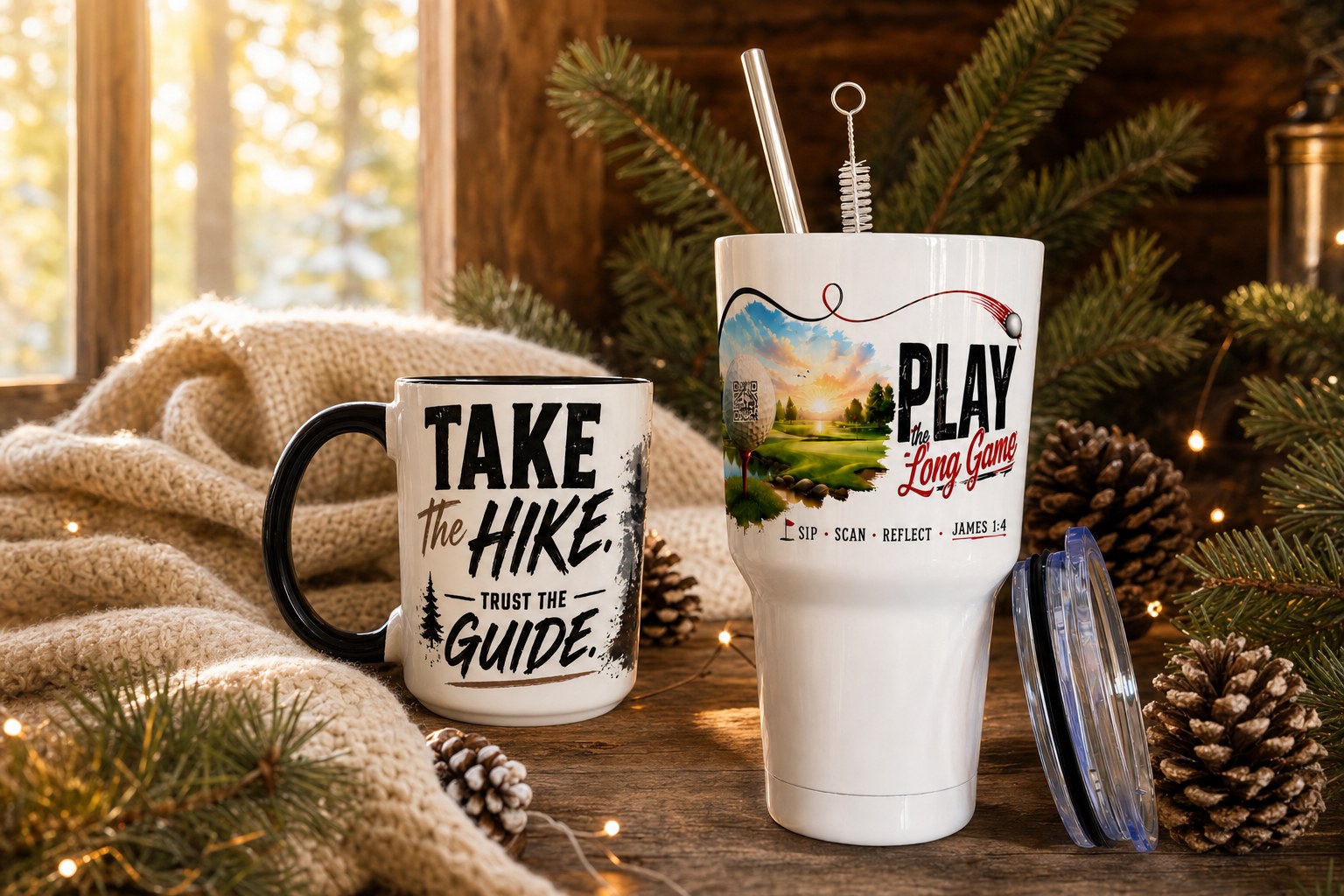 Take the Hike mug and Play the Long Game tumbler styled in a cozy cabin scene for Christmas